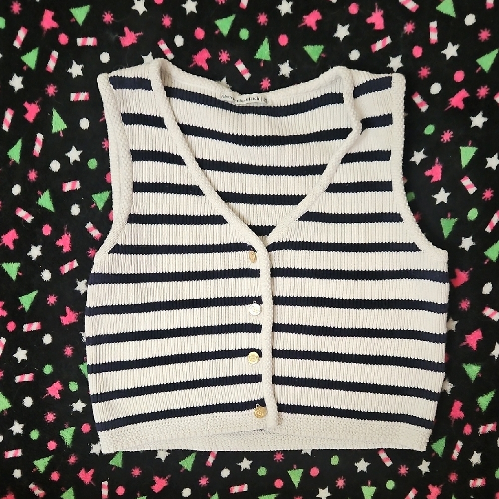 Abercrombie & Fitch Navy and White Striped Knit Sweater Vest